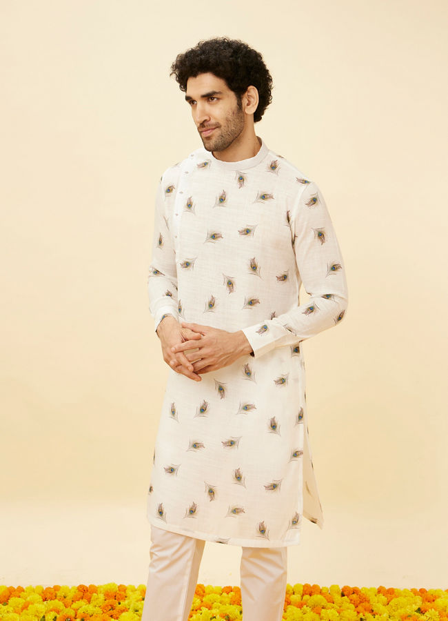 Manyavar Men Cream Angrakha Style Peacock Feather Printed Kurta Set