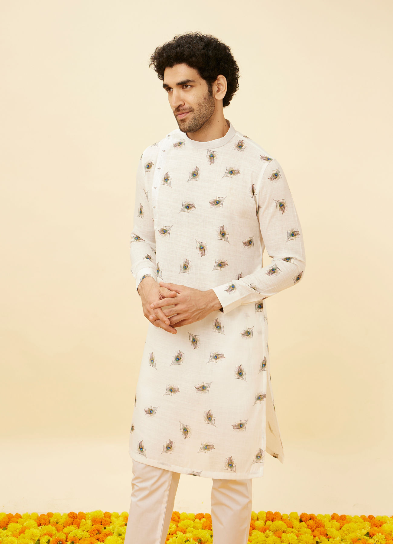 Manyavar Men Cream Angrakha Style Peacock Feather Printed Kurta Set