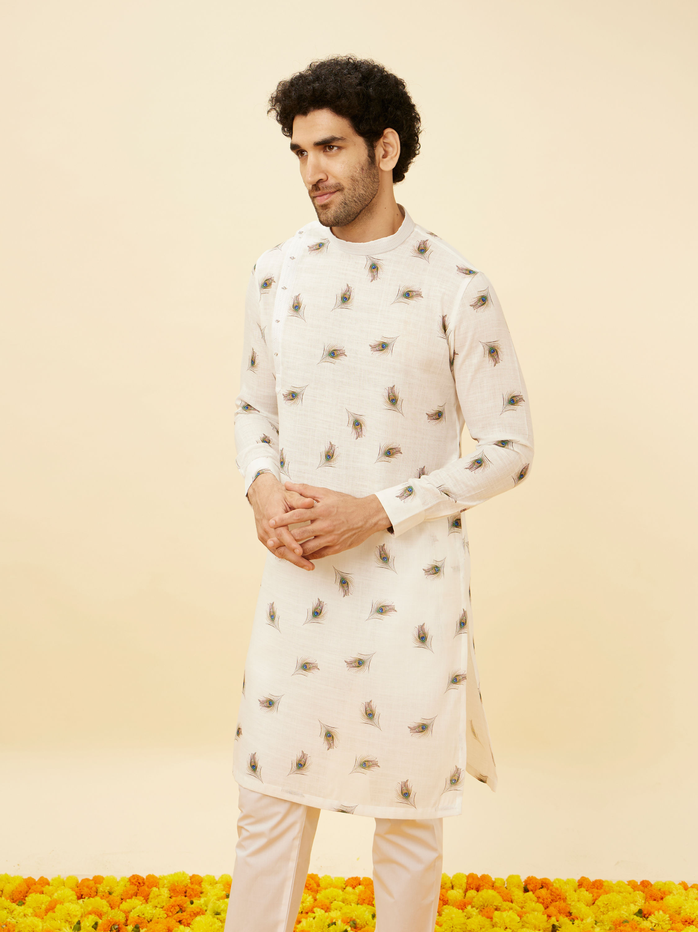 Manyavar Men Cream Angrakha Style Peacock Feather Printed Kurta Set