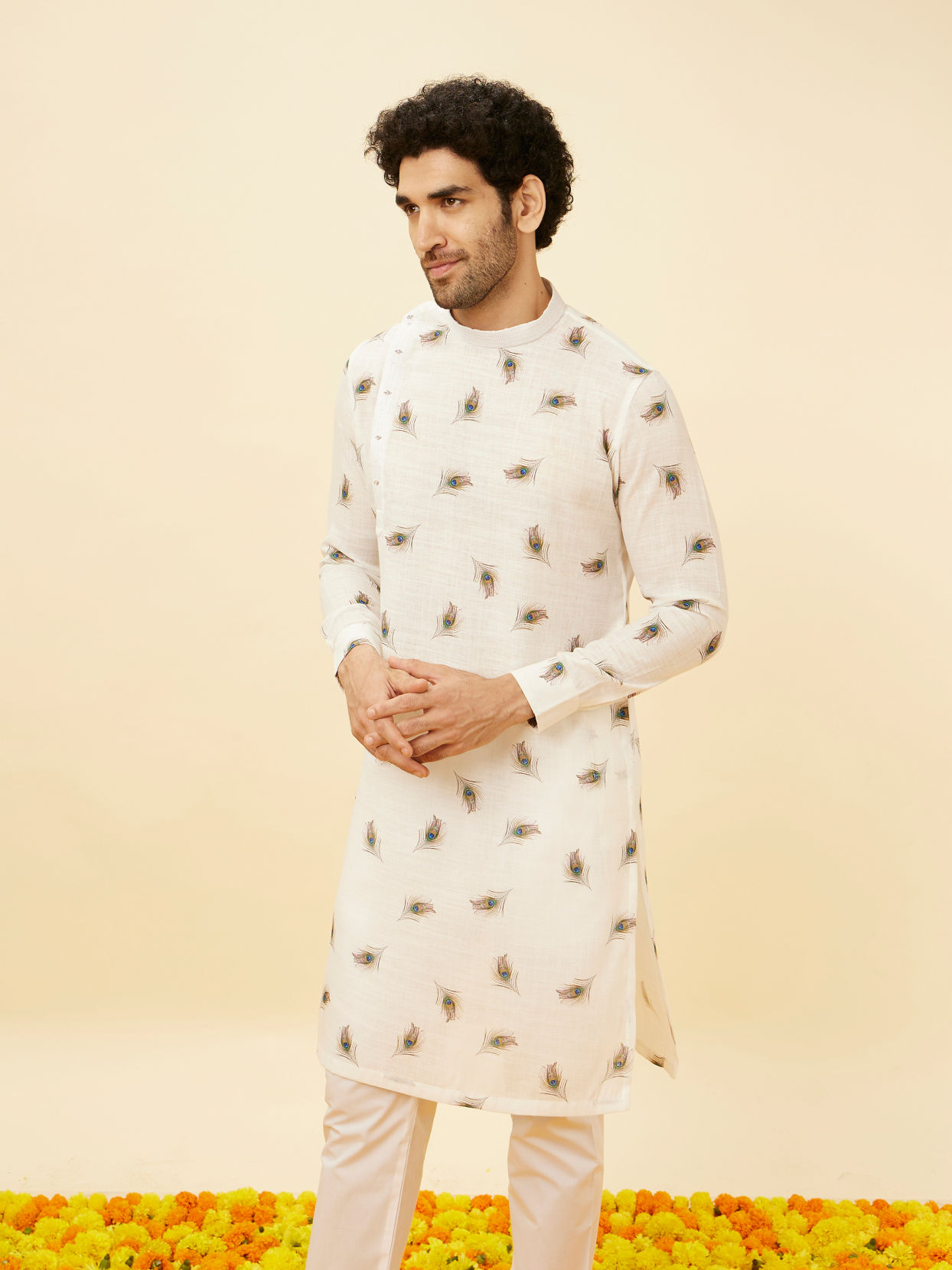 Buy Cream Angrakha Style Peacock Feather Printed Kurta Set Online in