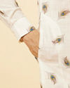 Manyavar Men Cream Angrakha Style Peacock Feather Printed Kurta Set