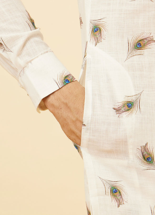 Manyavar Men Cream Angrakha Style Peacock Feather Printed Kurta Set
