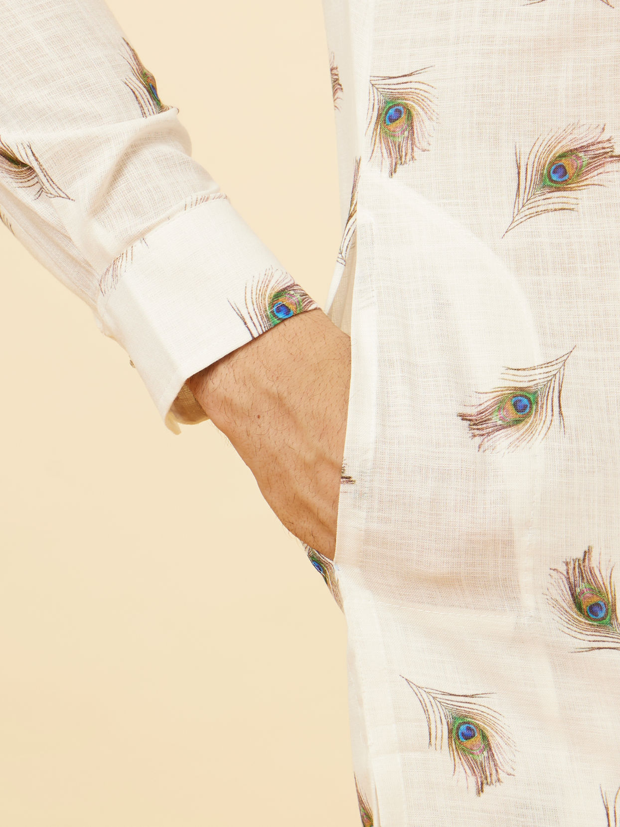 Manyavar Men Cream Angrakha Style Peacock Feather Printed Kurta Set
