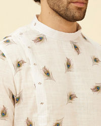 Manyavar Men Cream Angrakha Style Peacock Feather Printed Kurta Set