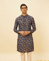 Manyavar Men Royal Blue Botanical Printed Kurta Set
