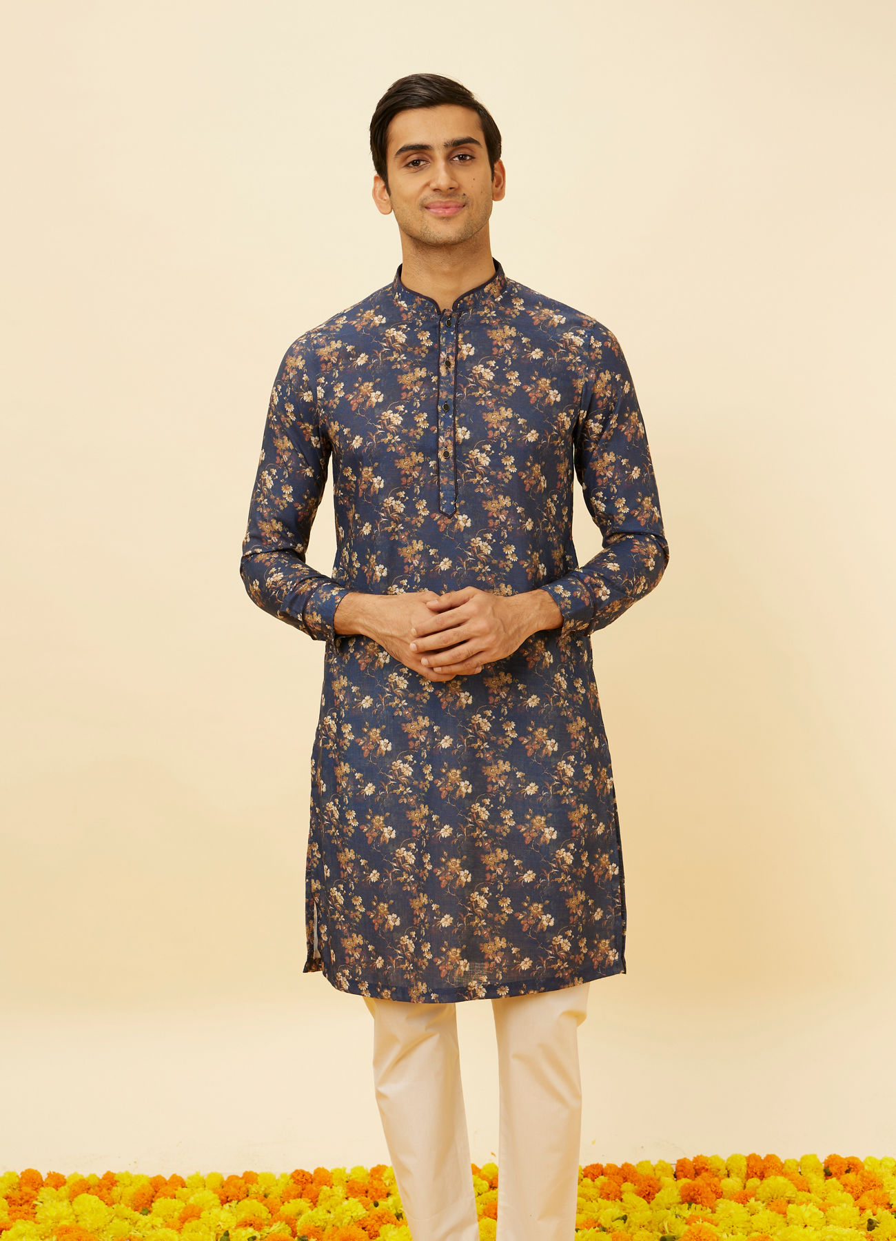 Manyavar Men Royal Blue Botanical Printed Kurta Set