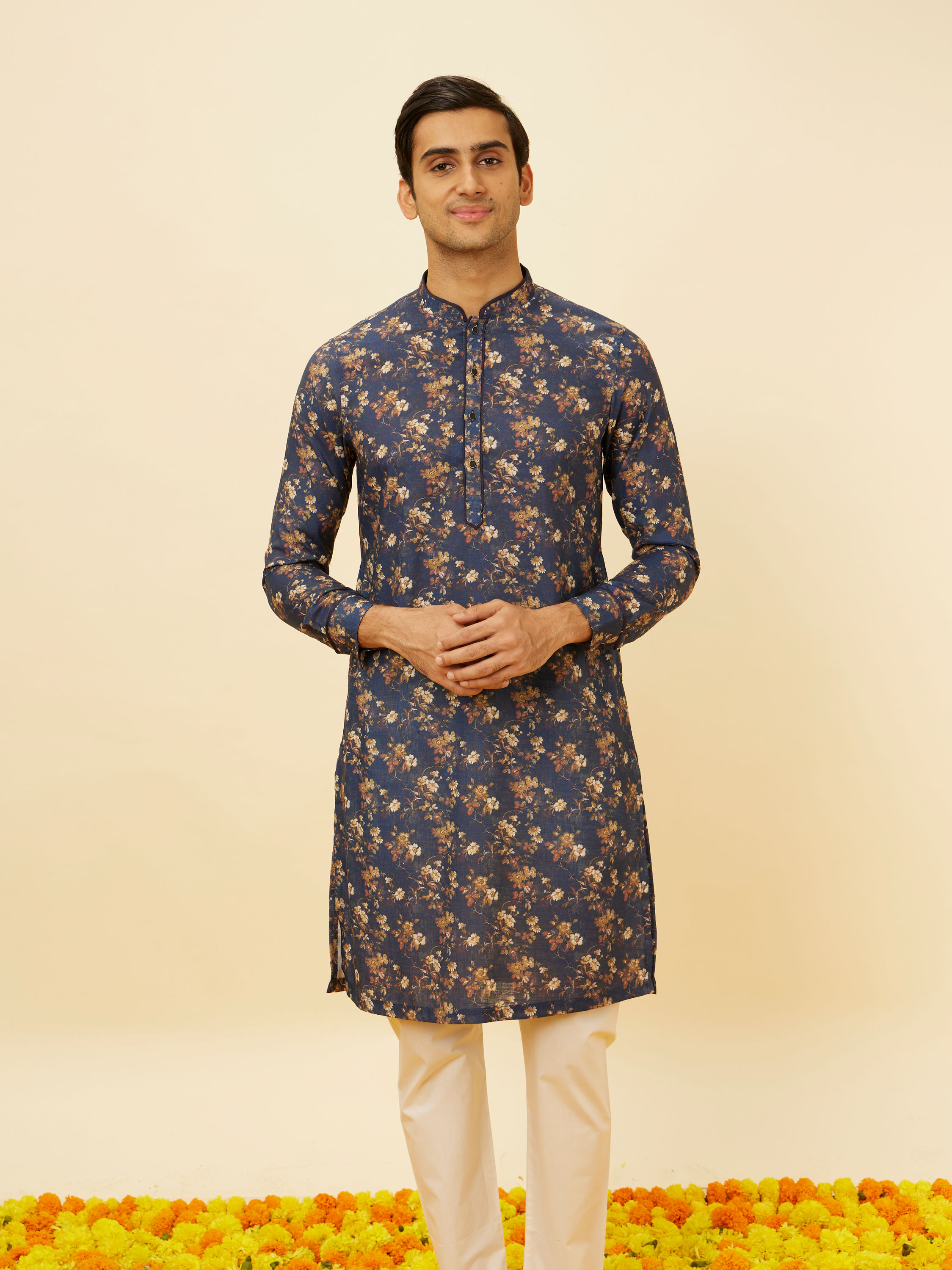 Manyavar Men Royal Blue Botanical Printed Kurta Set