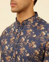 Manyavar Men Royal Blue Botanical Printed Kurta Set