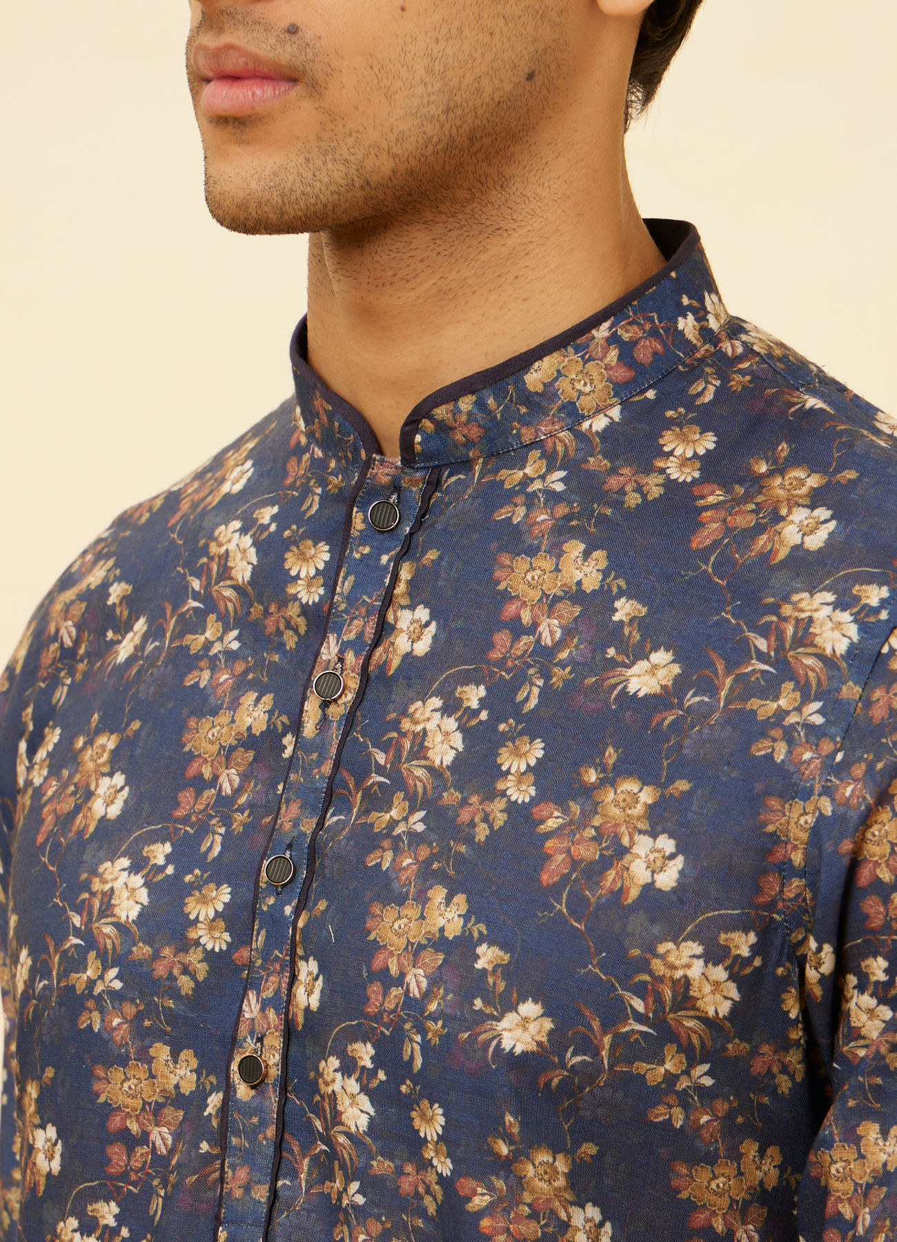 Manyavar Men Royal Blue Botanical Printed Kurta Set