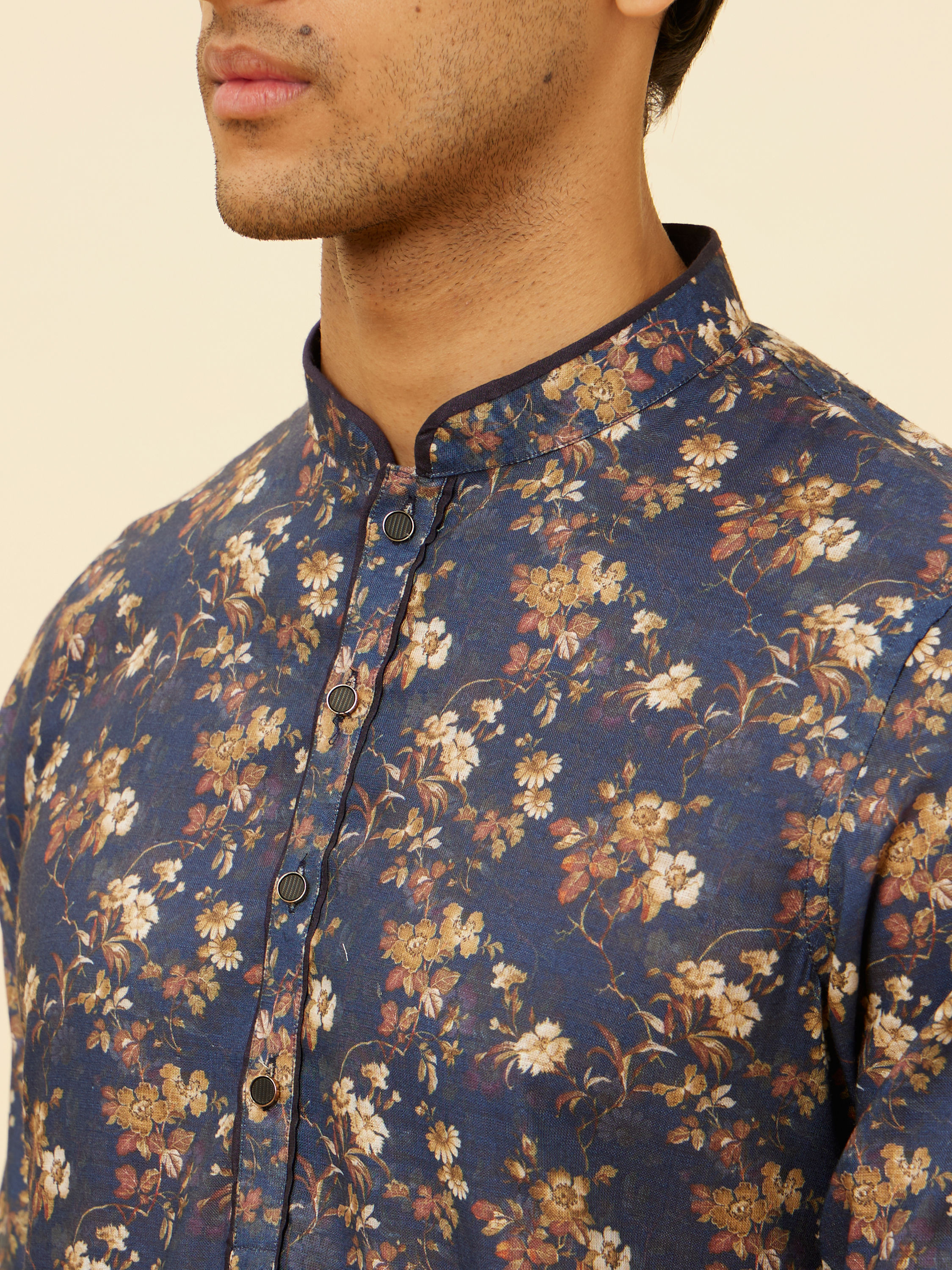 Manyavar Men Royal Blue Botanical Printed Kurta Set