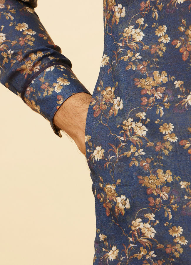 Manyavar Men Royal Blue Botanical Printed Kurta Set