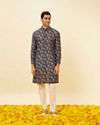 Manyavar Men Royal Blue Botanical Printed Kurta Set