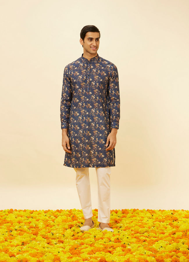 Manyavar Men Royal Blue Botanical Printed Kurta Set