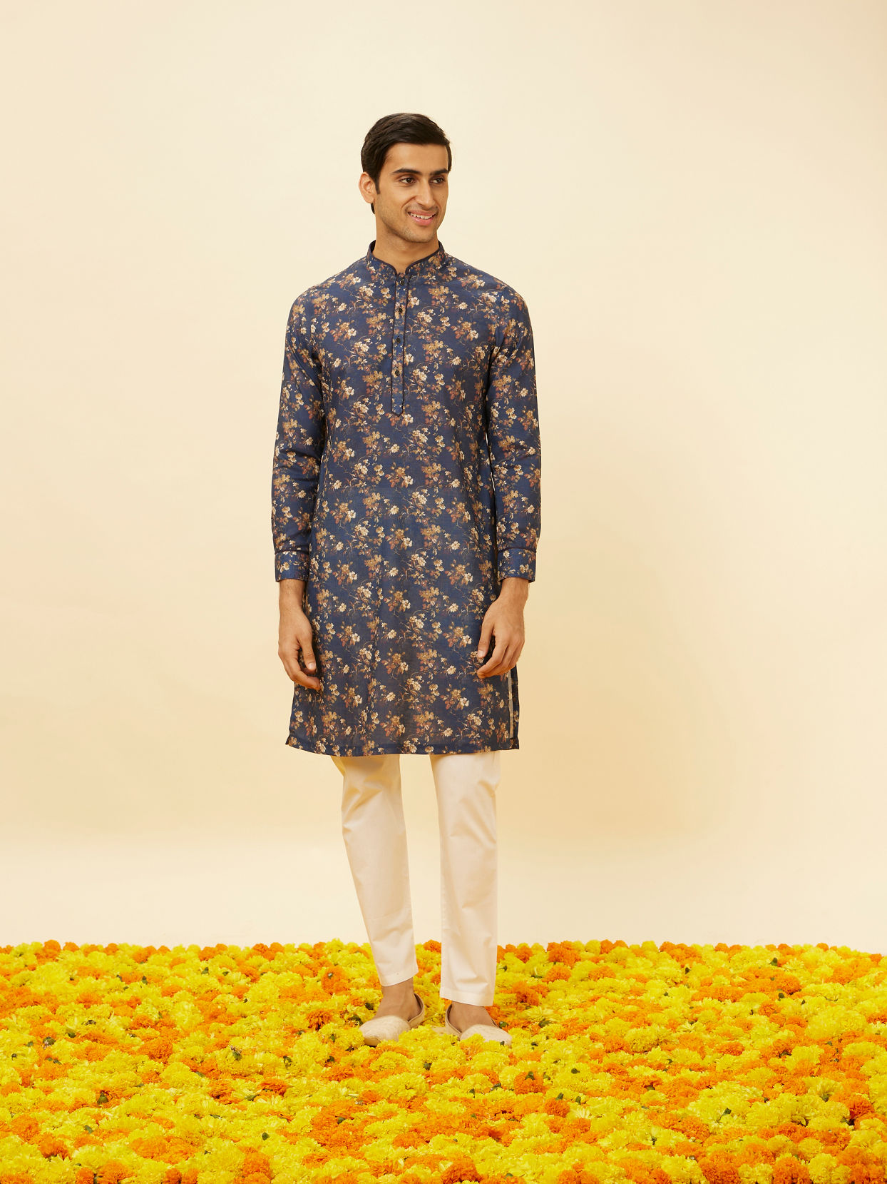 Manyavar Men Royal Blue Botanical Printed Kurta Set