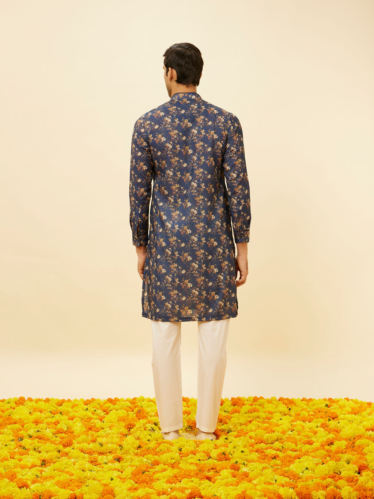 Manyavar Men Royal Blue Botanical Printed Kurta Set