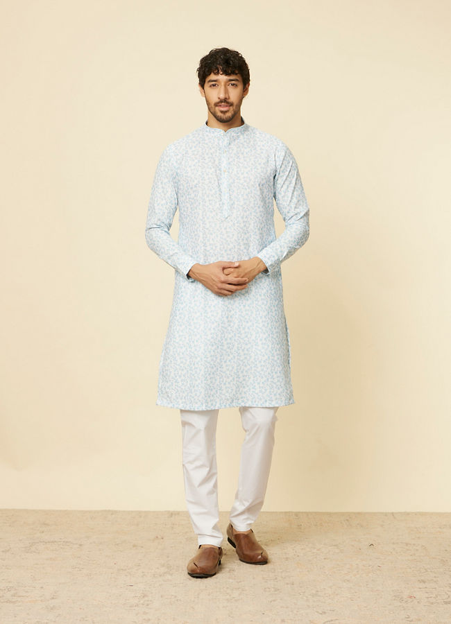 Manyavar Men Light Blue Floral Ditsy Printed Kurta Set