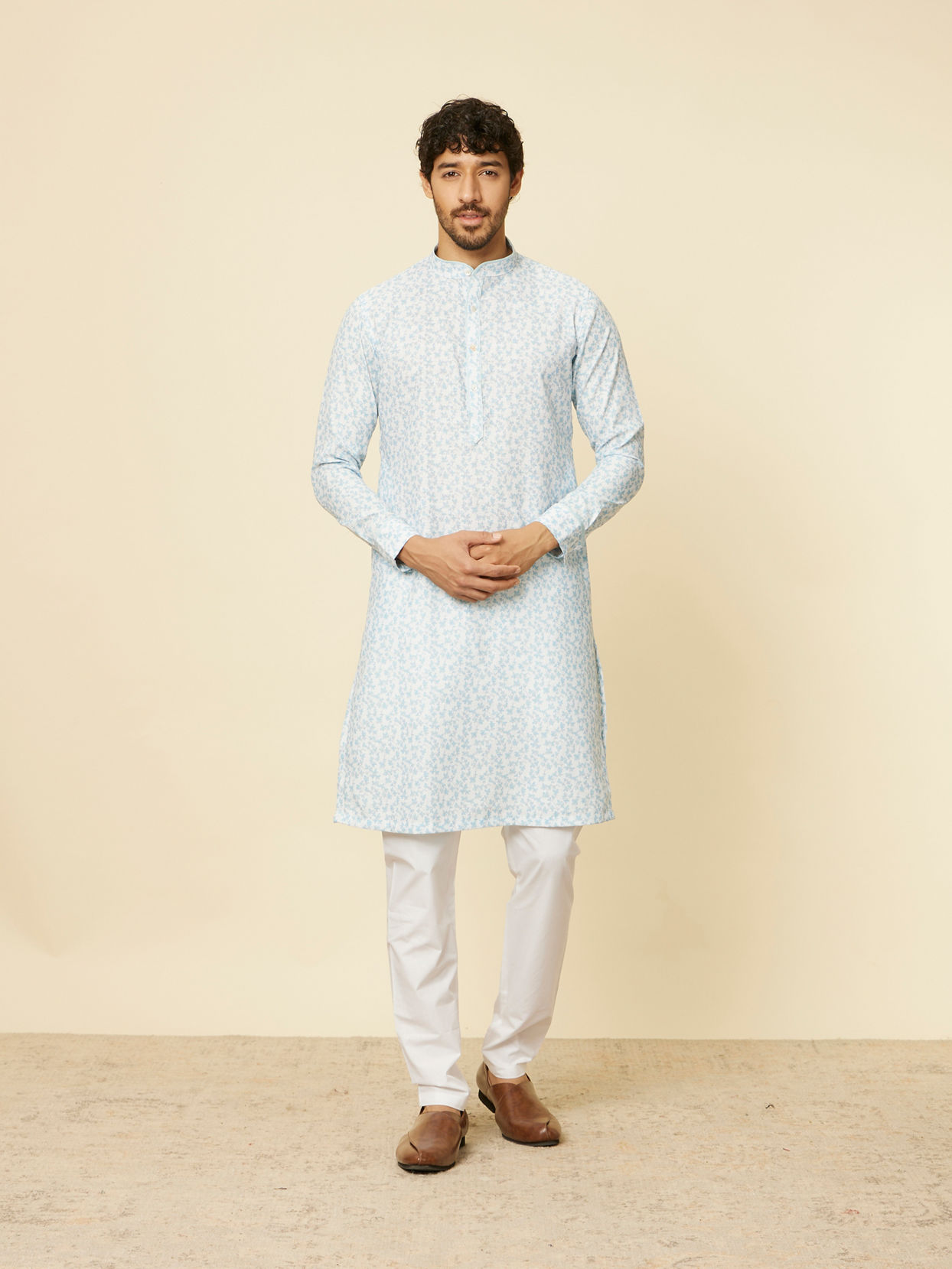 Manyavar Men Light Blue Floral Ditsy Printed Kurta Set