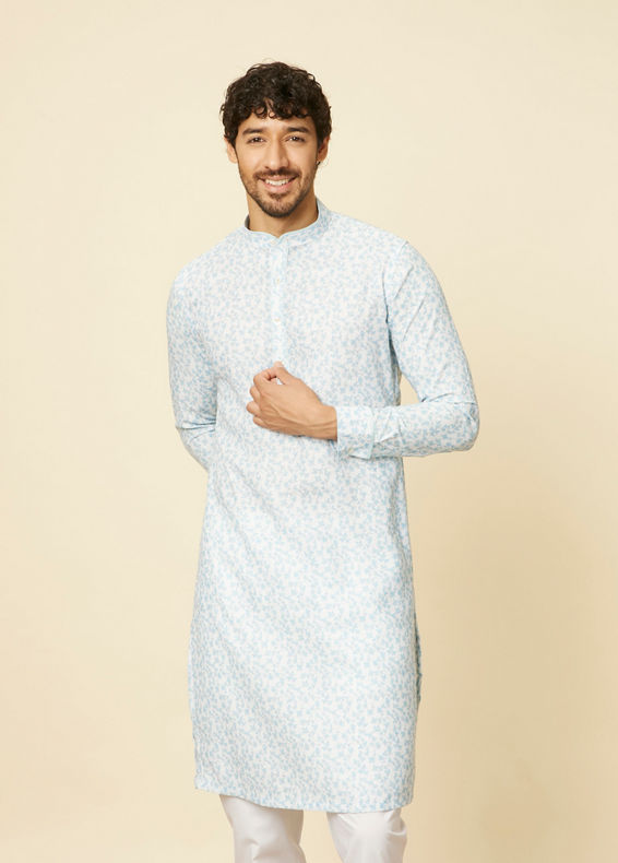 Manyavar Men Light Blue Floral Ditsy Printed Kurta Set