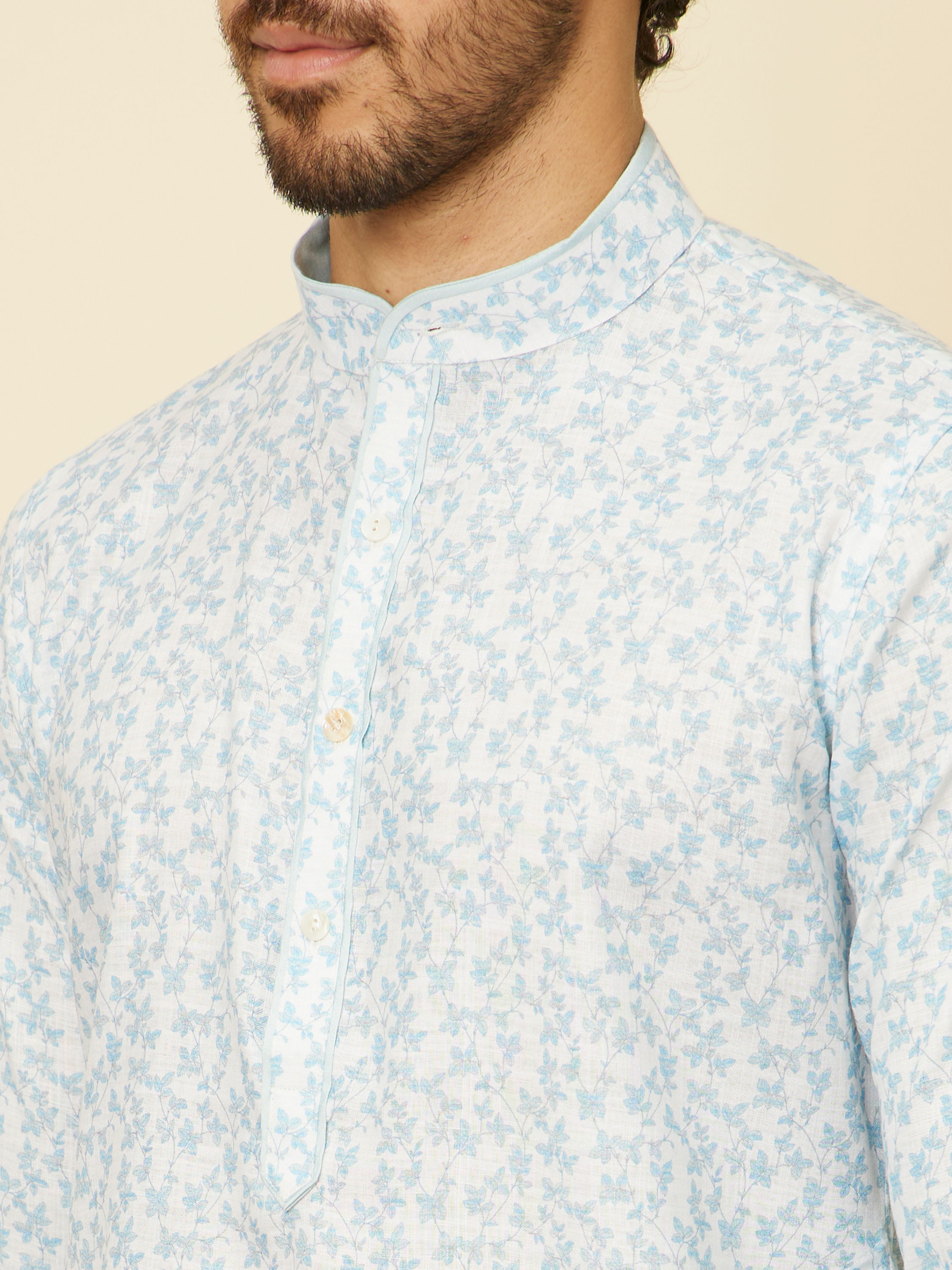 Manyavar Men Light Blue Floral Ditsy Printed Kurta Set