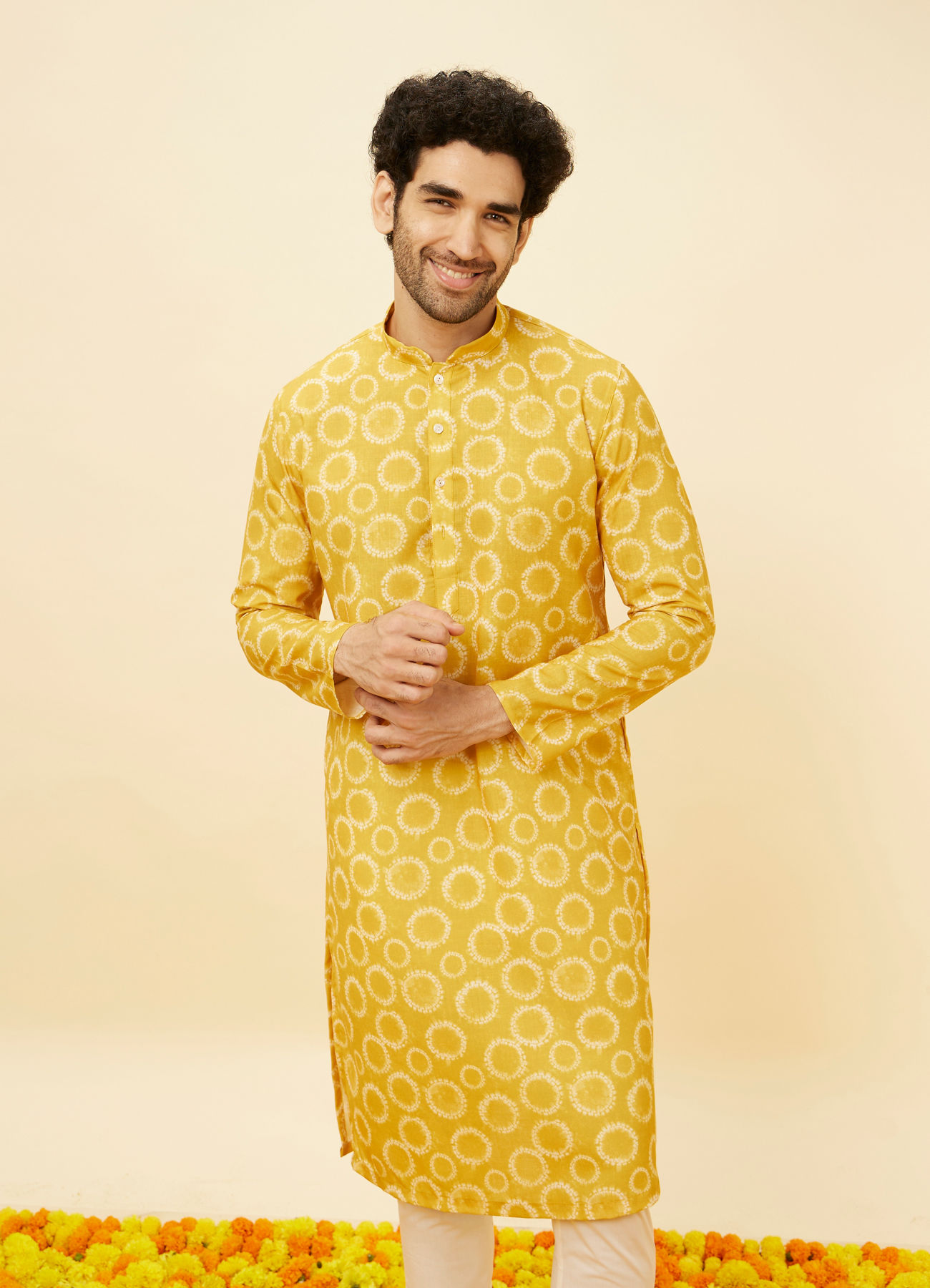 Manyavar Men Mustard Yellow Circular Printed Kurta Set