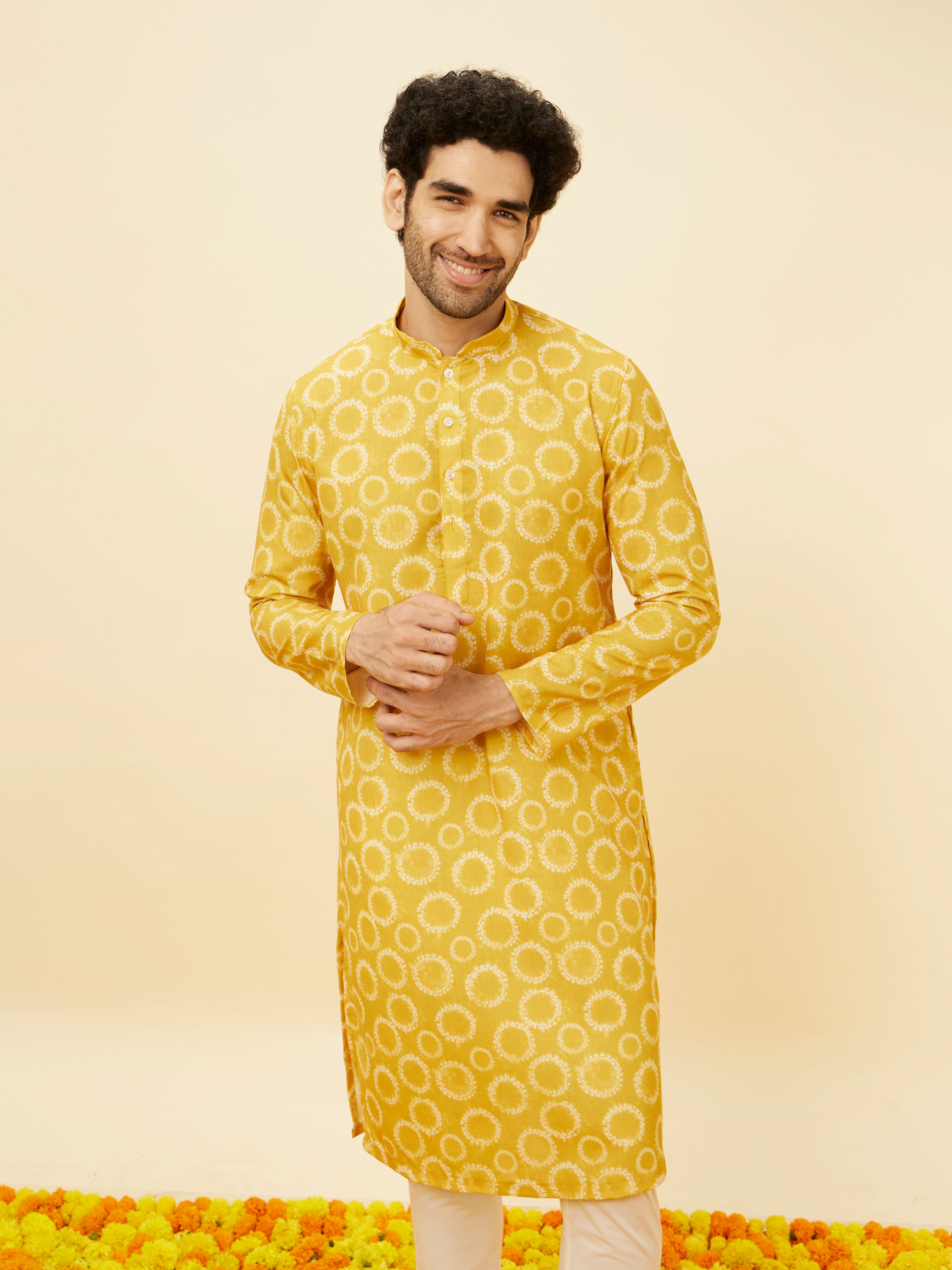 Manyavar Men Mustard Yellow Circular Printed Kurta Set