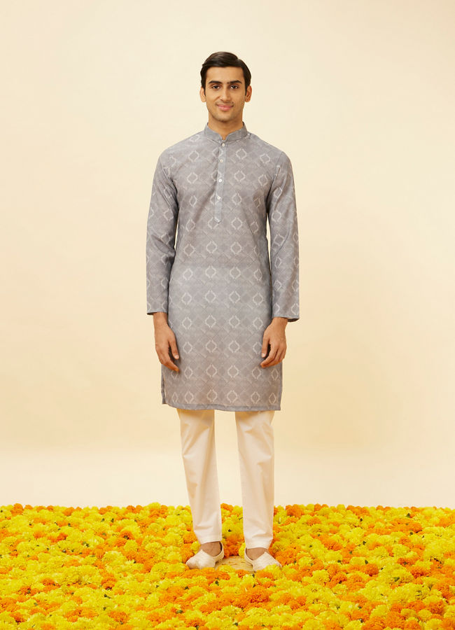 Manyavar Men Glacier Grey Ogee Printed Kurta Set