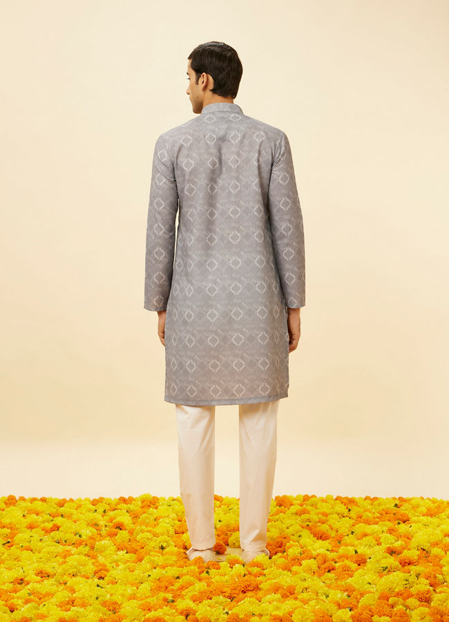 Manyavar Men Glacier Grey Ogee Printed Kurta Set