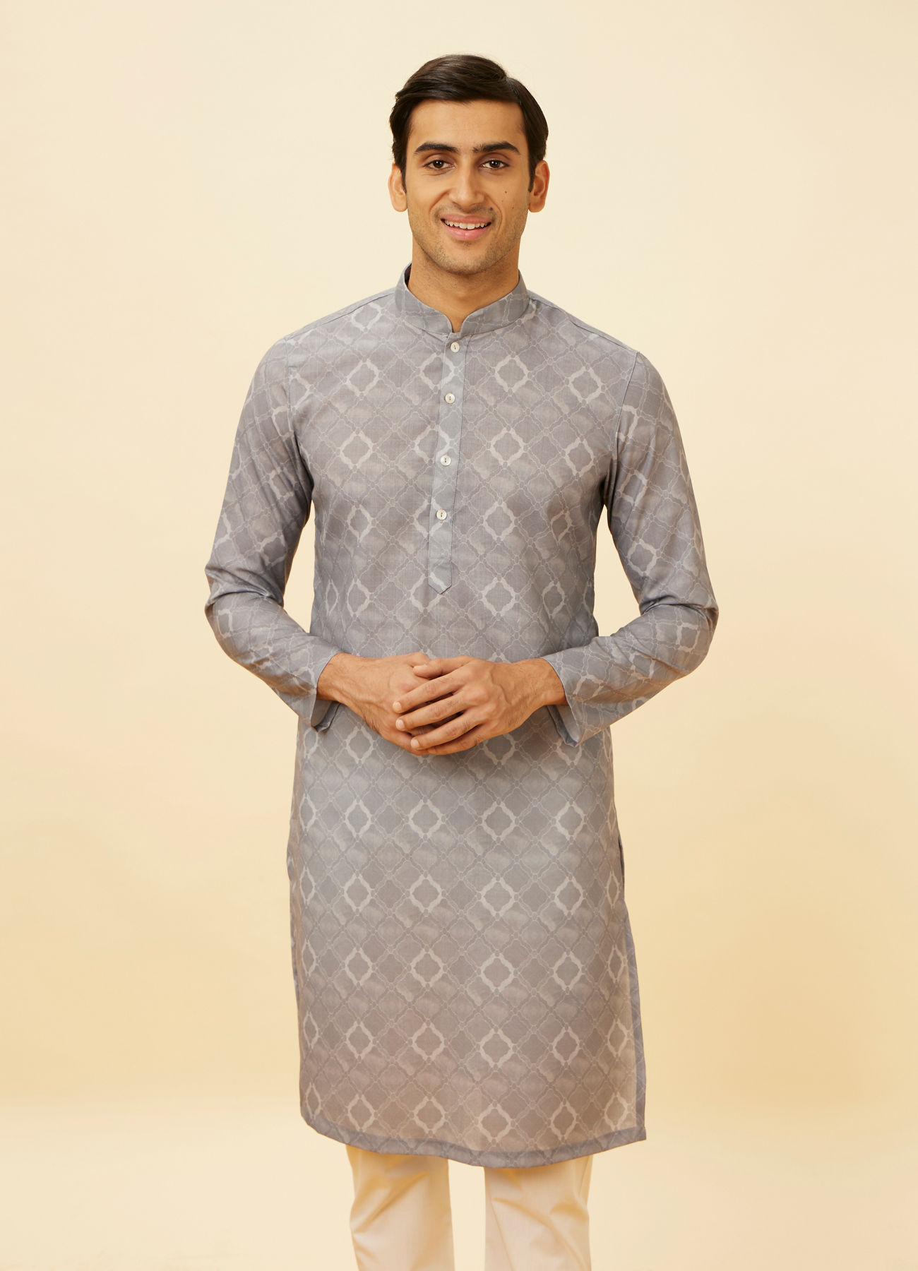 Manyavar Men Glacier Grey Ogee Printed Kurta Set