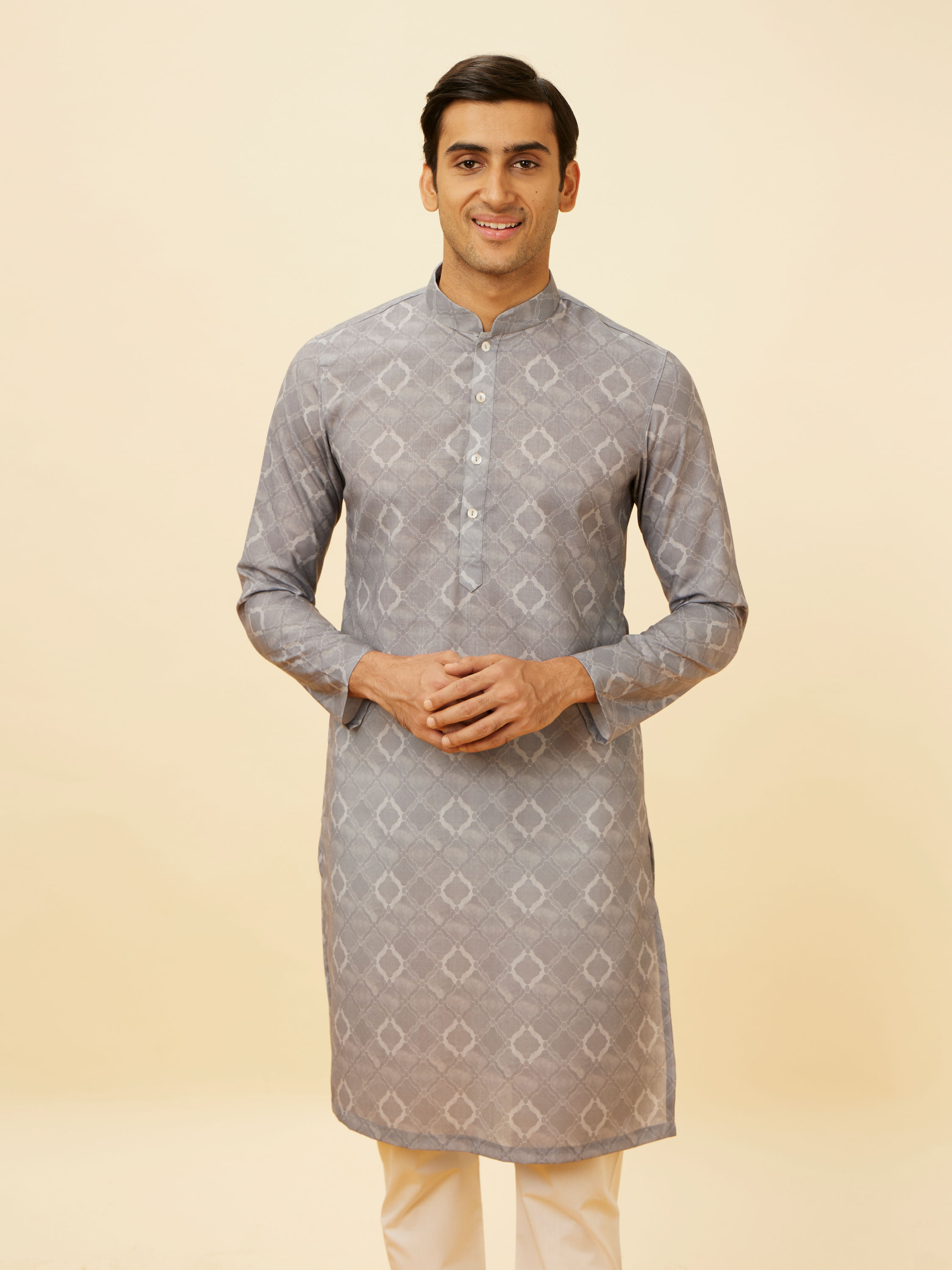 Manyavar Men Glacier Grey Ogee Printed Kurta Set
