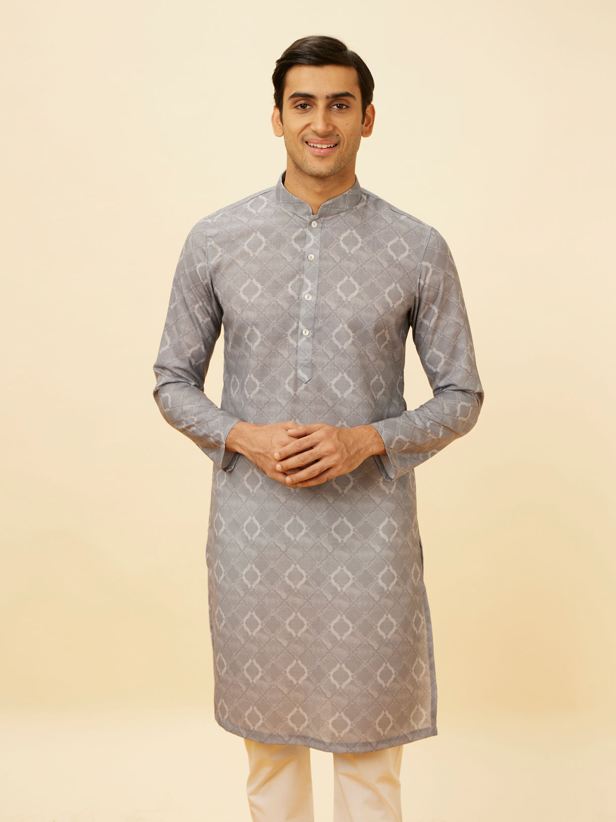 Manyavar Men Glacier Grey Ogee Printed Kurta Set