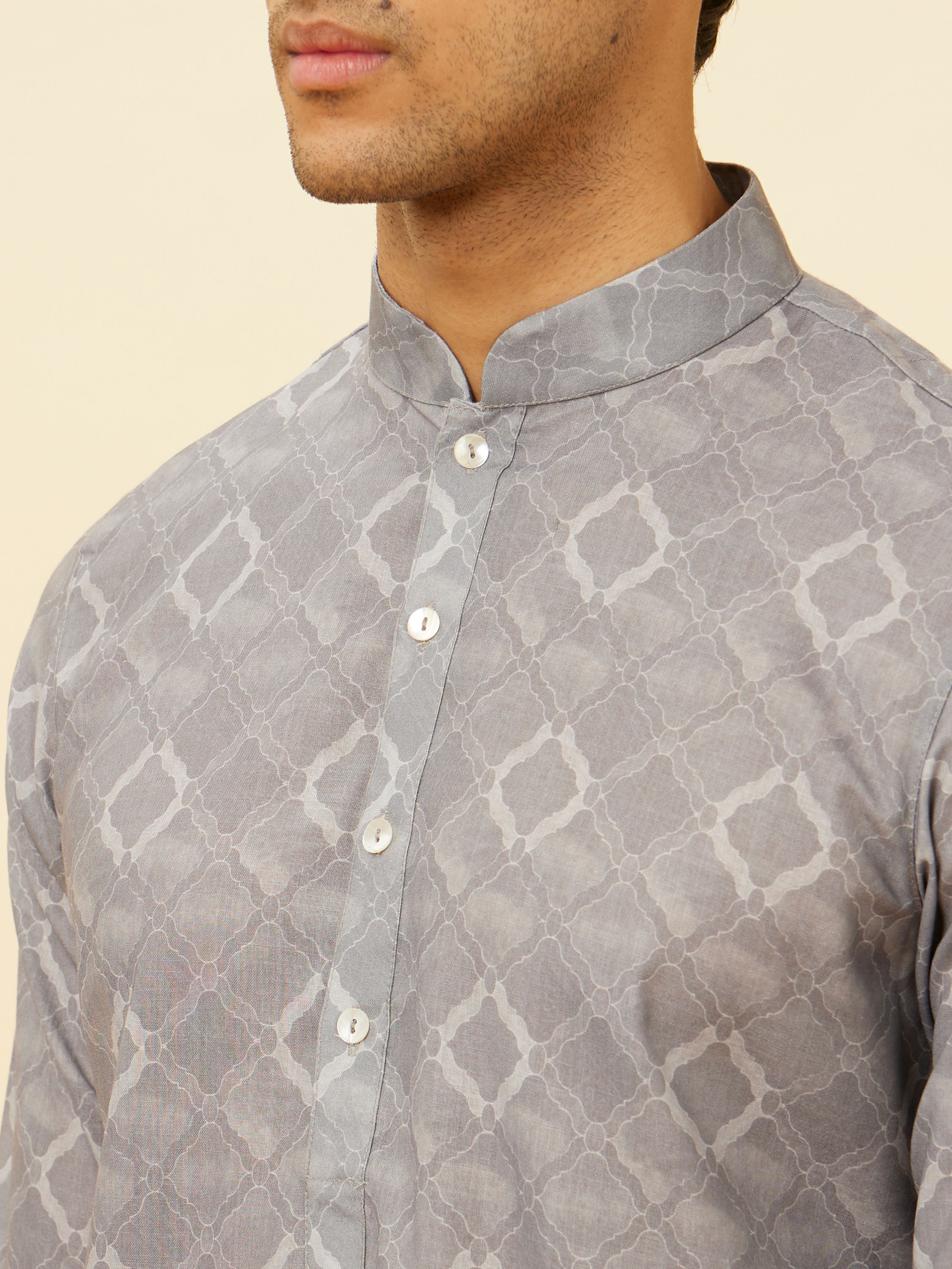Manyavar Men Glacier Grey Ogee Printed Kurta Set