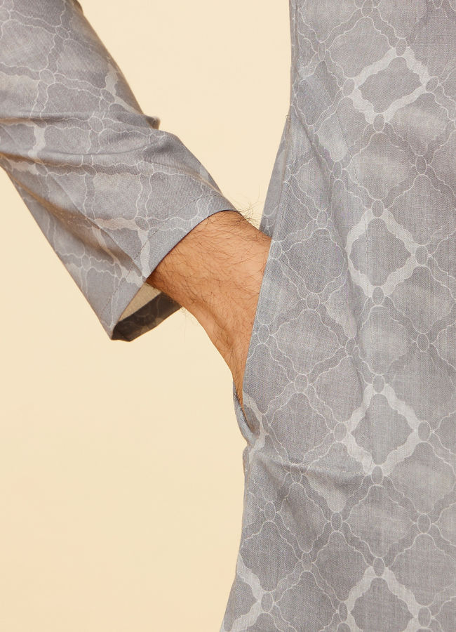 Manyavar Men Glacier Grey Ogee Printed Kurta Set
