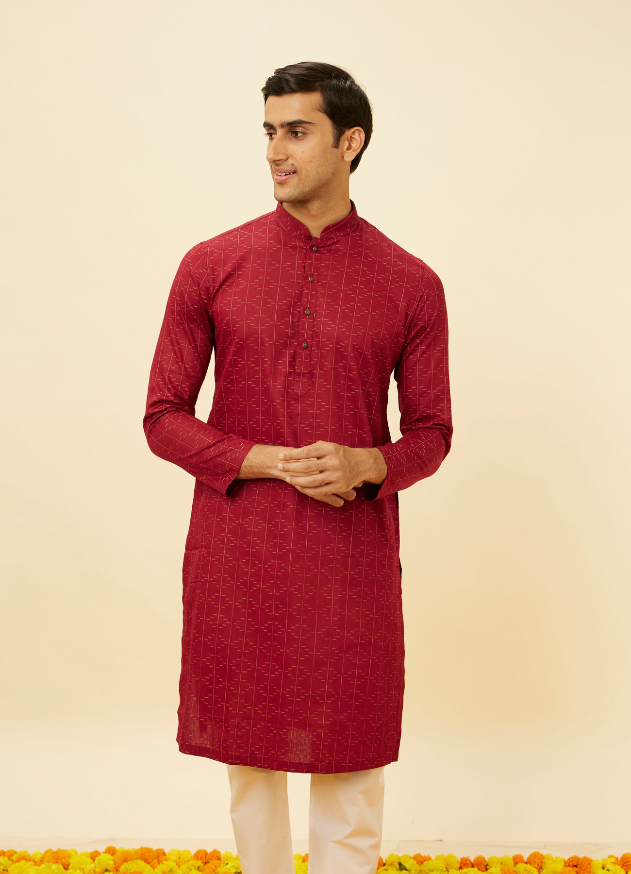 Manyavar Men Maroon Linear Printed Kurta Set