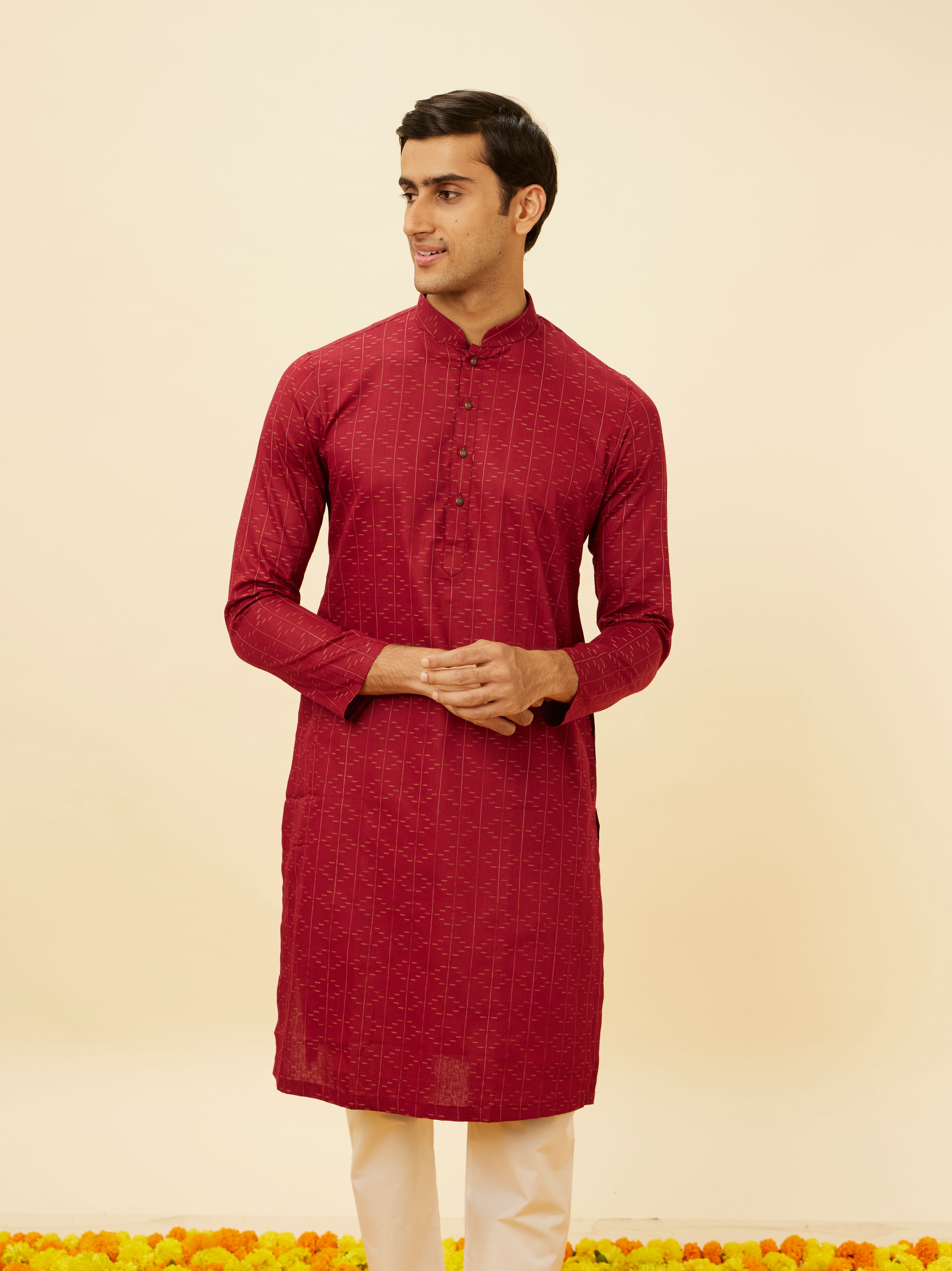 Manyavar Men Maroon Linear Printed Kurta Set