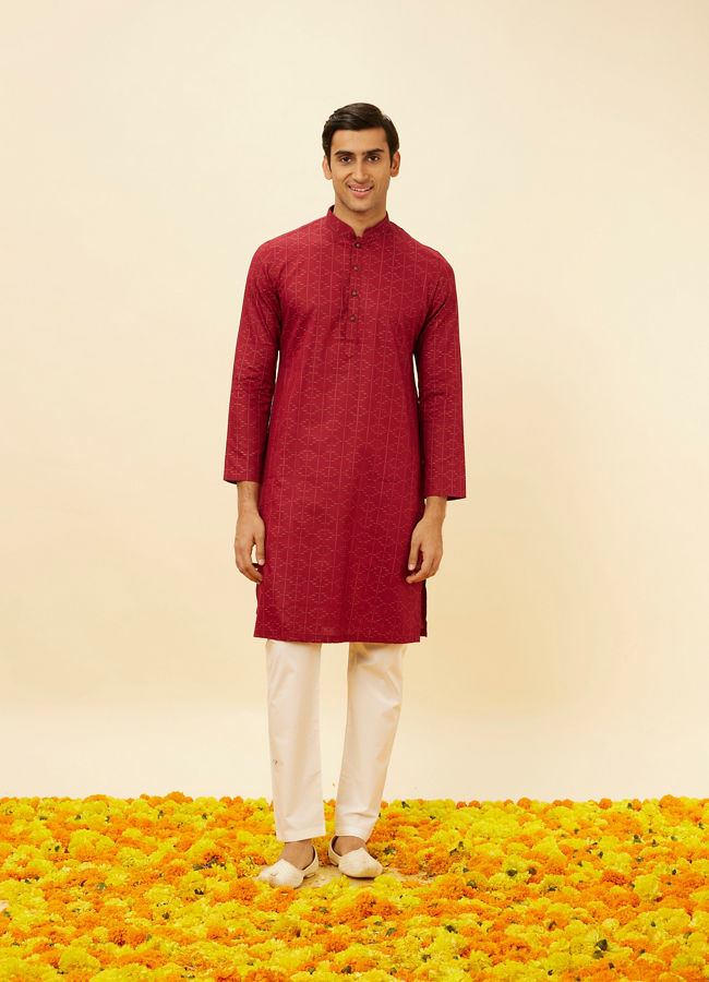 Manyavar Men Maroon Linear Printed Kurta Set