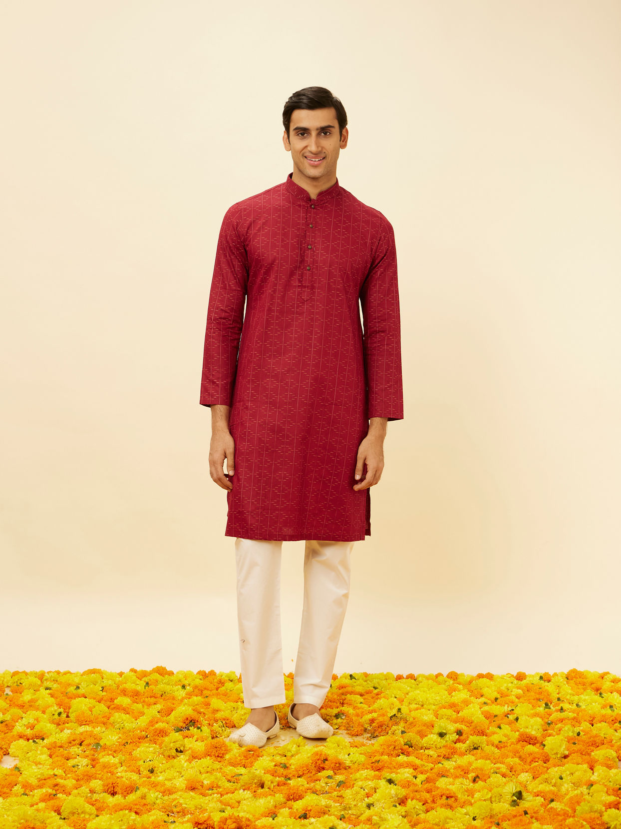 Manyavar Men Maroon Linear Printed Kurta Set
