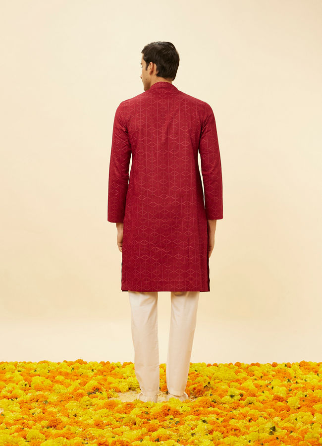 Manyavar Men Maroon Linear Printed Kurta Set
