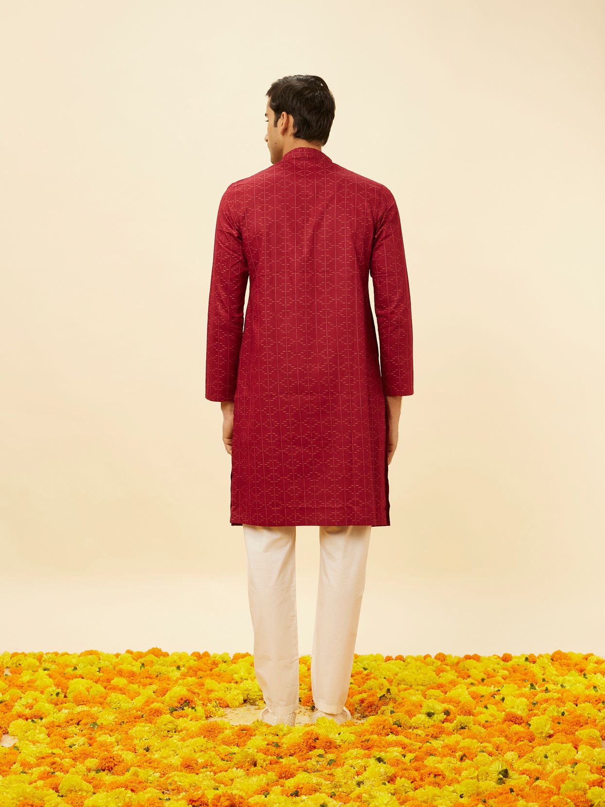 Manyavar Men Maroon Linear Printed Kurta Set