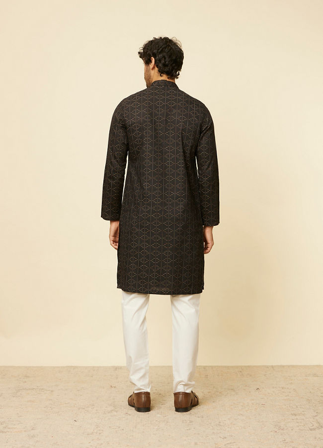 Manyavar Men Ebony Black Linear Patterned Kurta Set