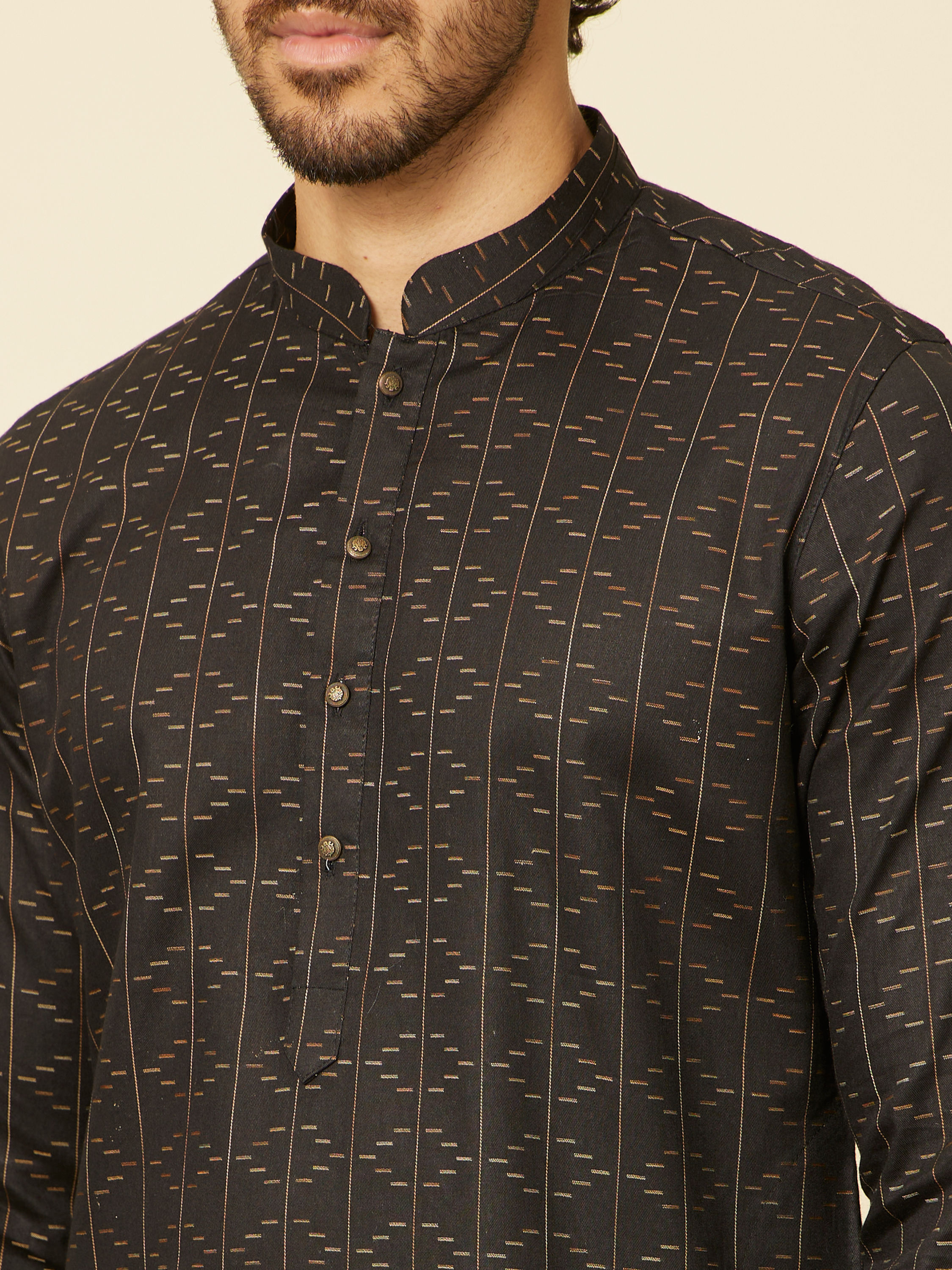 Manyavar Men Ebony Black Linear Patterned Kurta Set