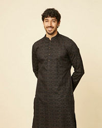 Manyavar Men Ebony Black Linear Patterned Kurta Set