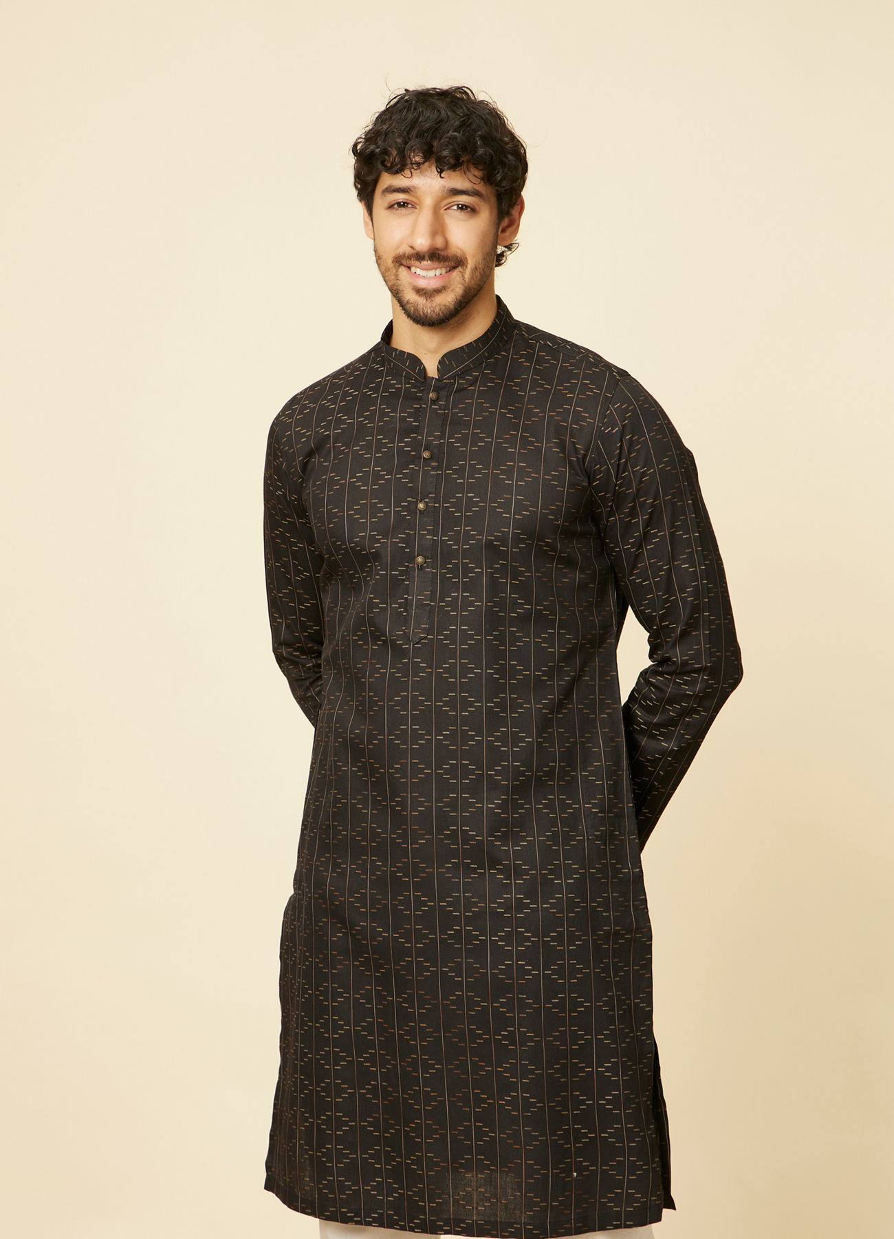 Manyavar Men Ebony Black Linear Patterned Kurta Set