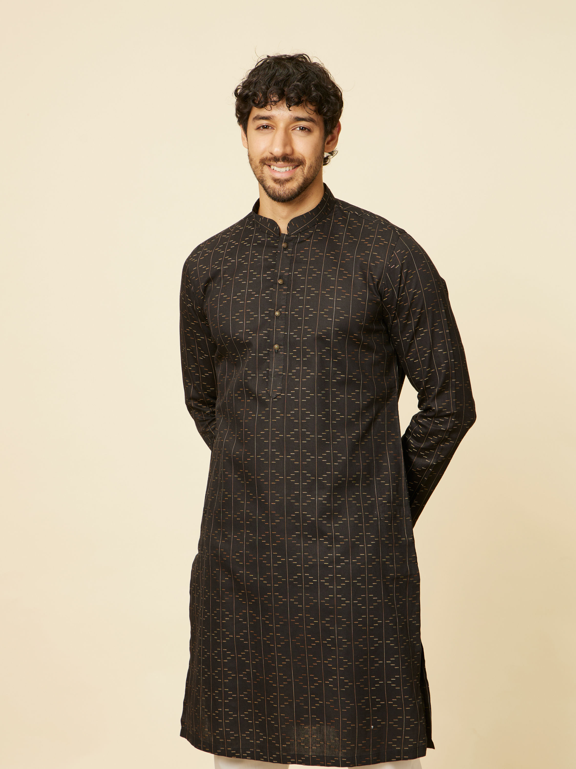 Manyavar Men Ebony Black Linear Patterned Kurta Set