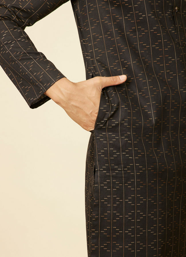 Manyavar Men Ebony Black Linear Patterned Kurta Set