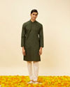 Manyavar Men Dark Green Linear Printed Kurta Set