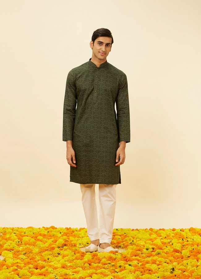 Manyavar Men Dark Green Linear Printed Kurta Set