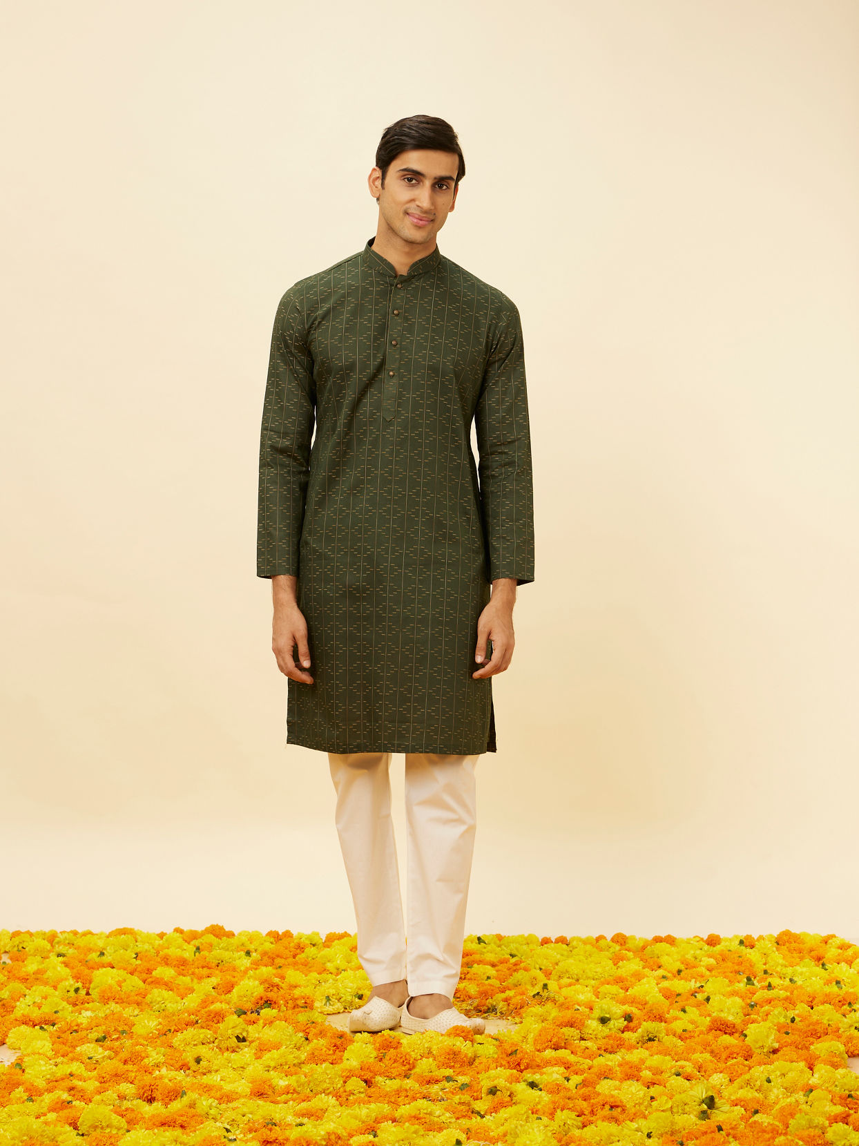 Manyavar Men Dark Green Linear Printed Kurta Set