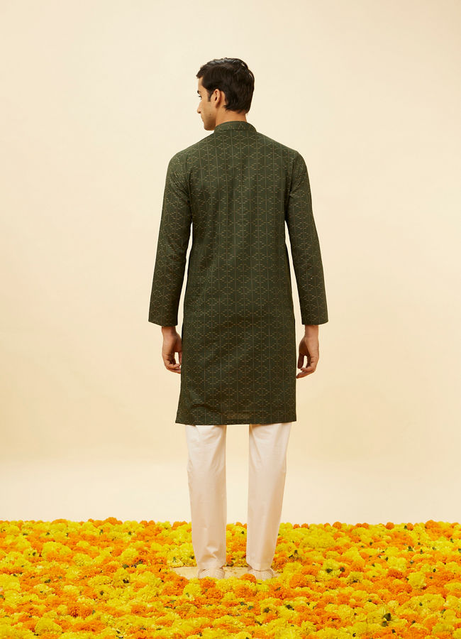 Manyavar Men Dark Green Linear Printed Kurta Set