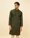 Manyavar Men Dark Green Linear Printed Kurta Set