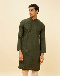 Manyavar Men Dark Green Linear Printed Kurta Set